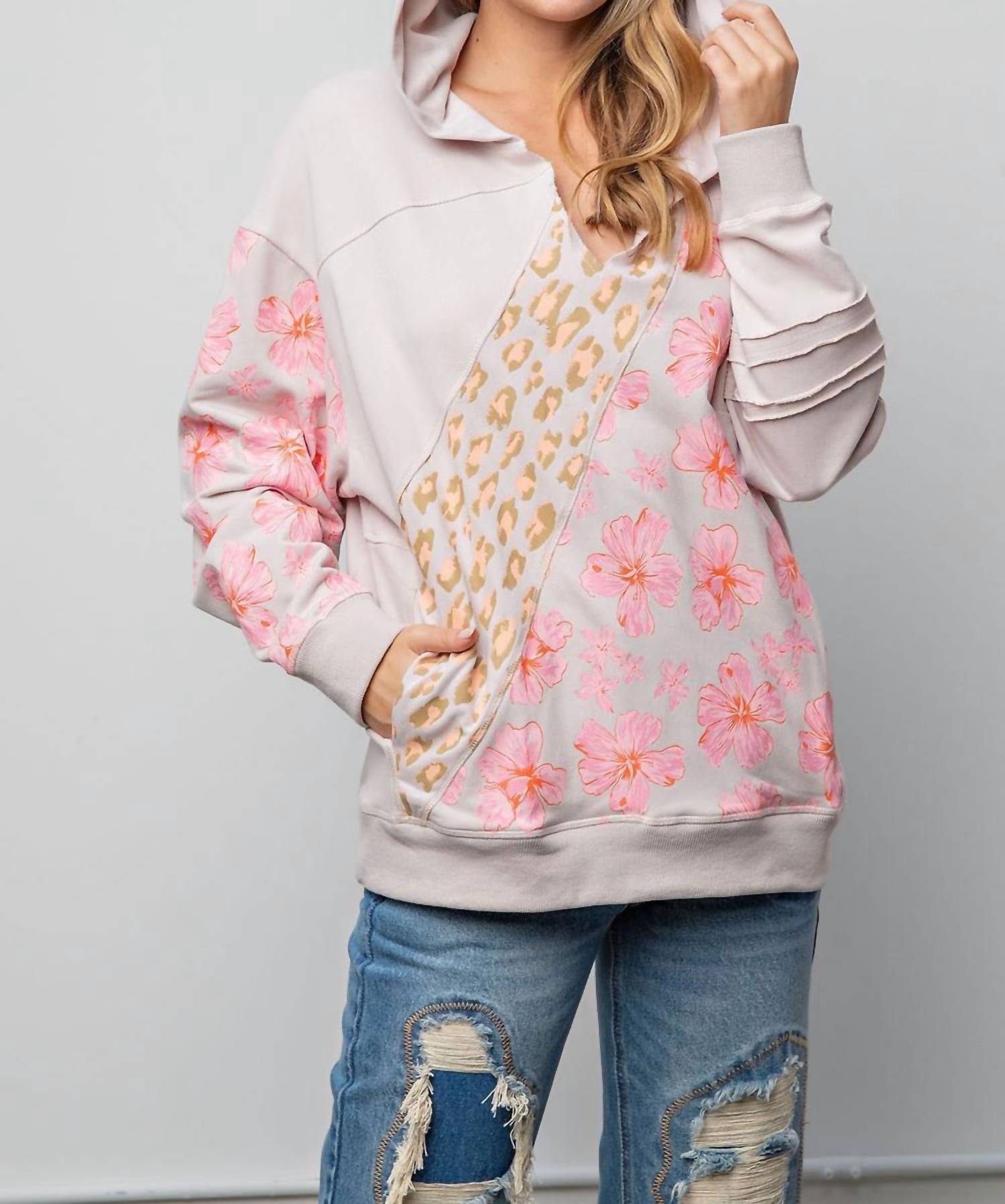 Easel Mix Print Terry Pullover Hoodie in eggshell - women's top