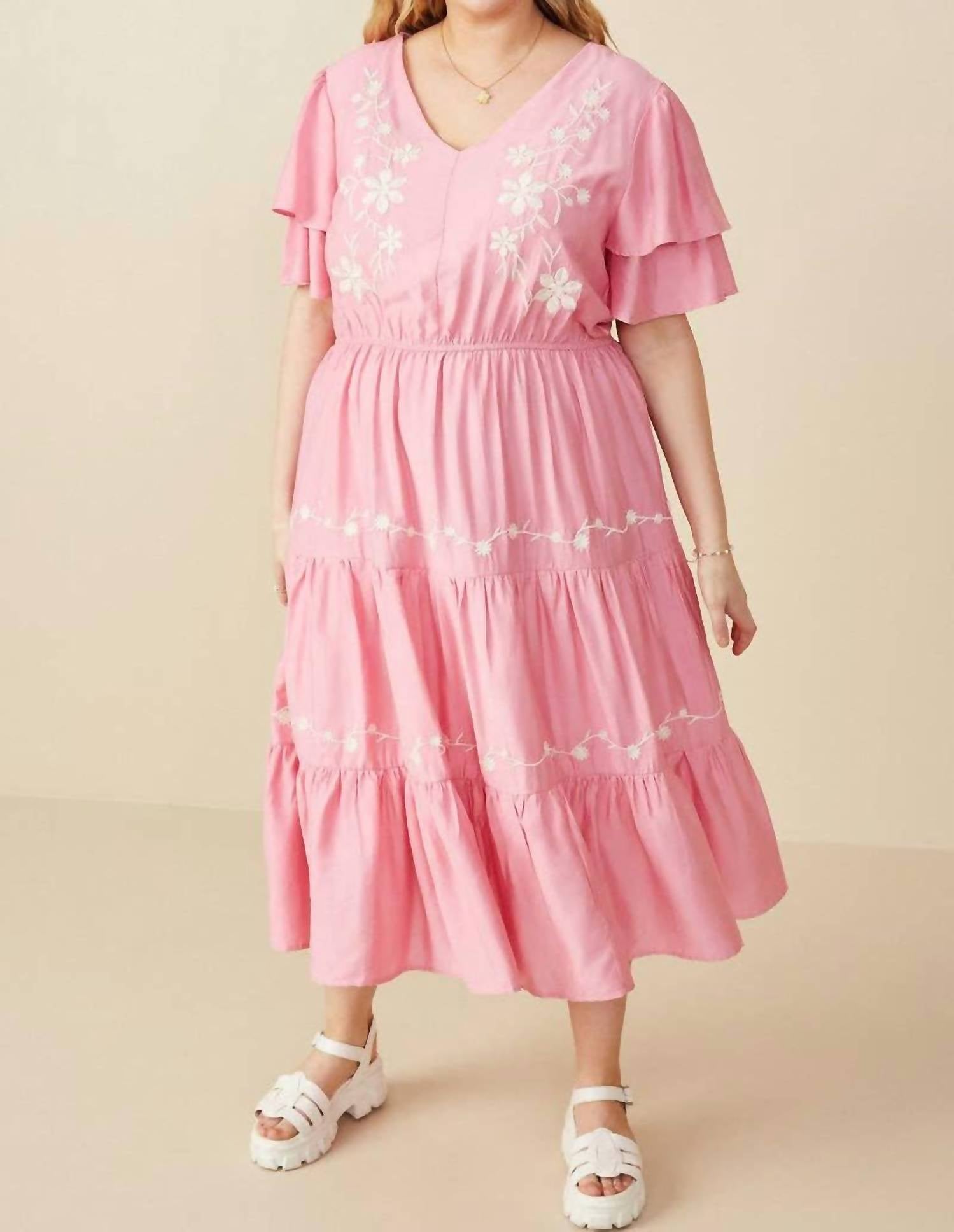 Hayden La - Women's Embroidered Ruffle Sleeve Tiered Dress