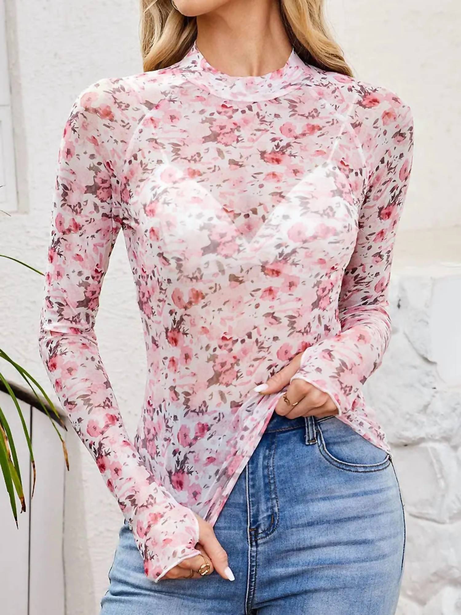 Finley Floral Long Sleeve Mesh Top in pink - women's long sleeve top