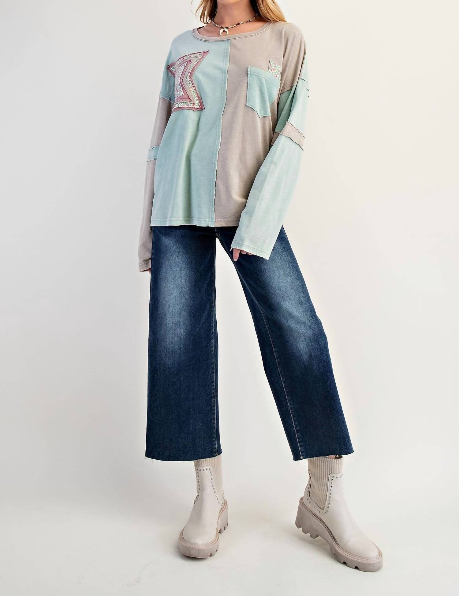 Easel - Color Block Cotton Top With Patches