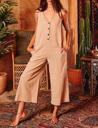 Bucketlist - V-neck Button-up Wide Leg Solid Jumpsuit