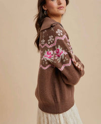 Knit & Lounge - Half-zip Sweater With Floral Fair Isle Pattern
