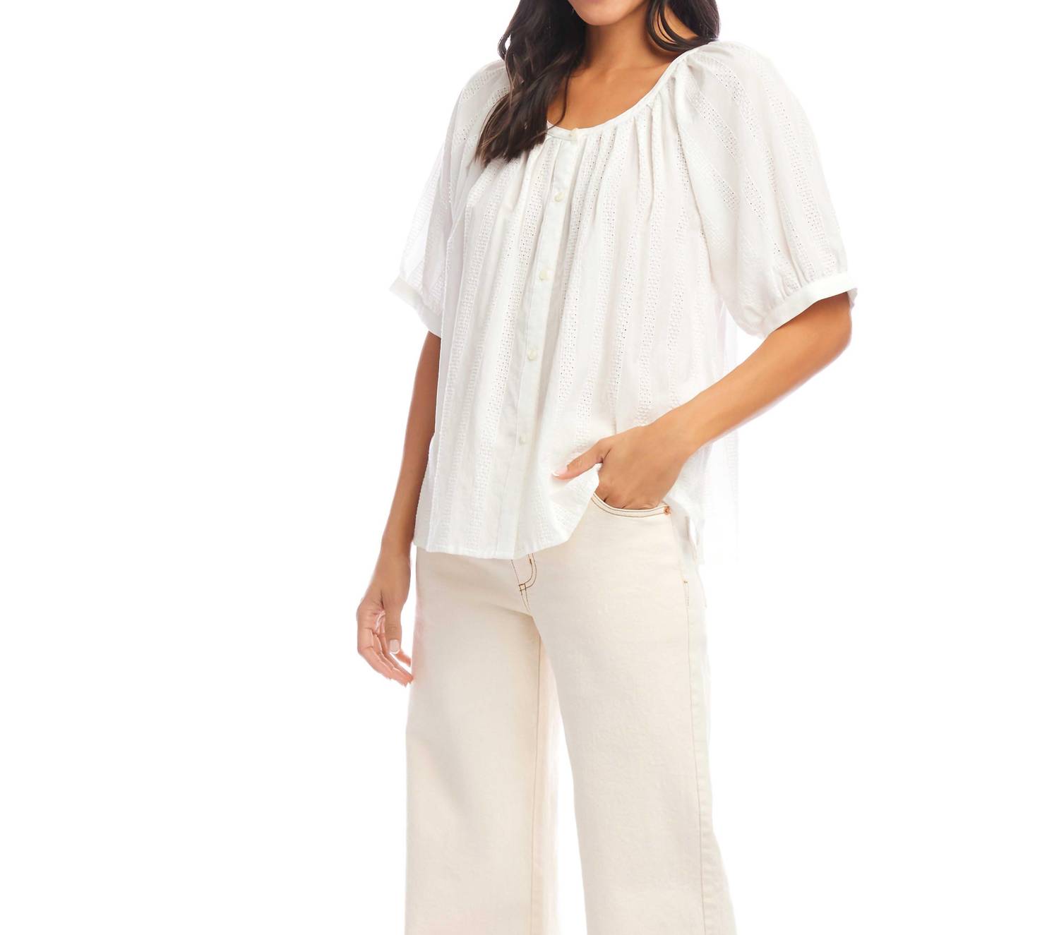 Karen Kane - Short Sleeve Embroidered Peasant Top - Petite Size