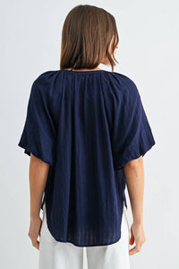 Fun 2 Fun Shiloh Texture Balloon Sleeve Blouse in navy - women's blouse - detail view