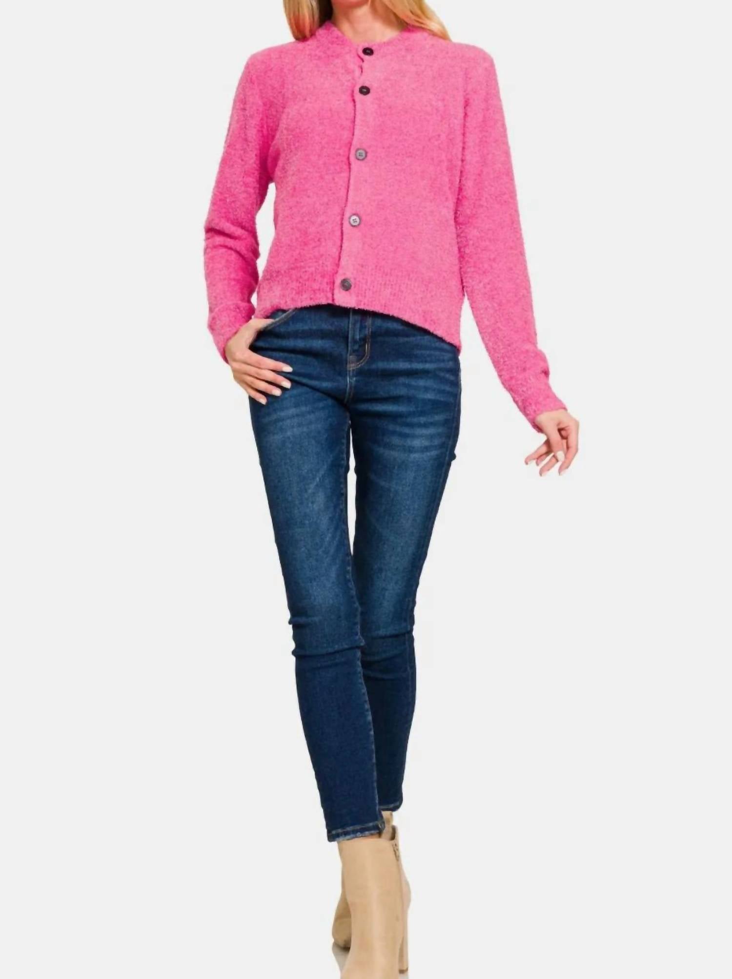 Zenana - Button Down Long Sleeve Sweater Cardigan