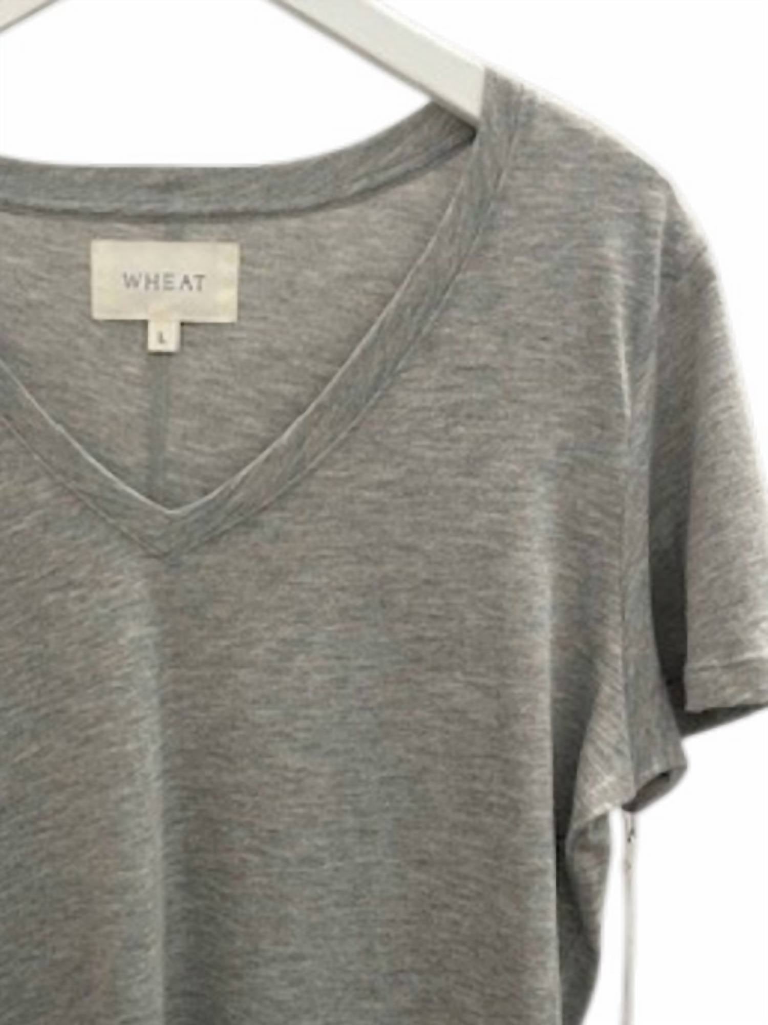 Maison Wheat Women's Charleston Vee Neck Tee in heather grey - women's t-shirt - detail view