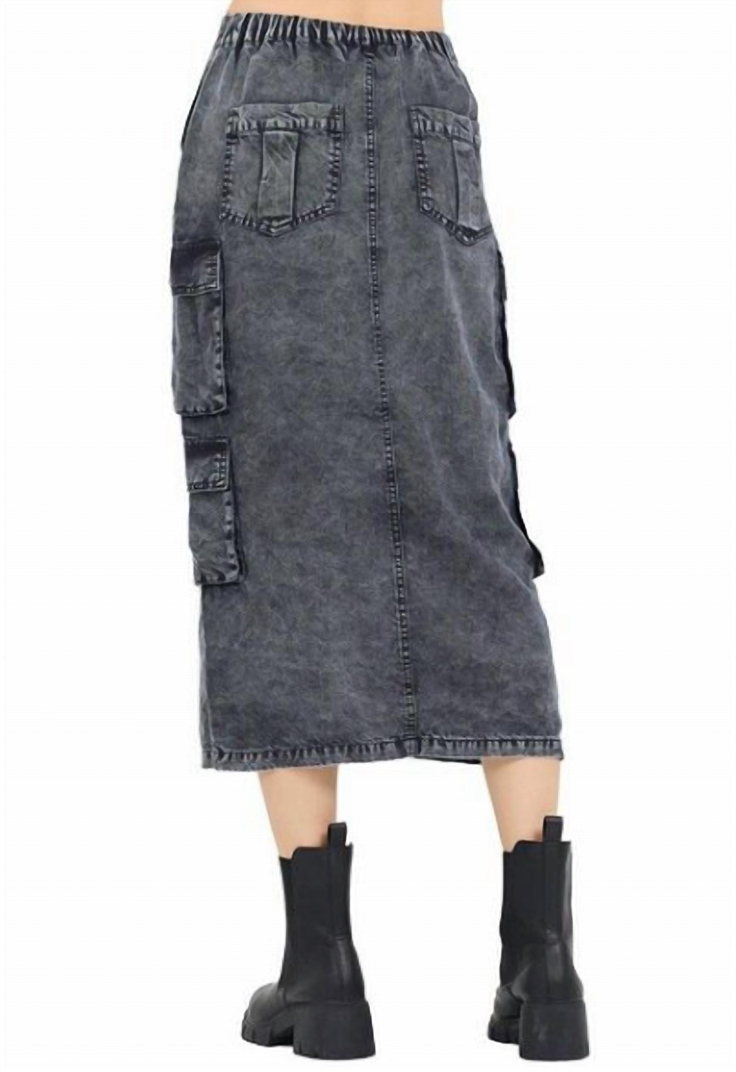 Vintage Havana Washed Split Front Midi Skirt in blue - women's skirt - detail view