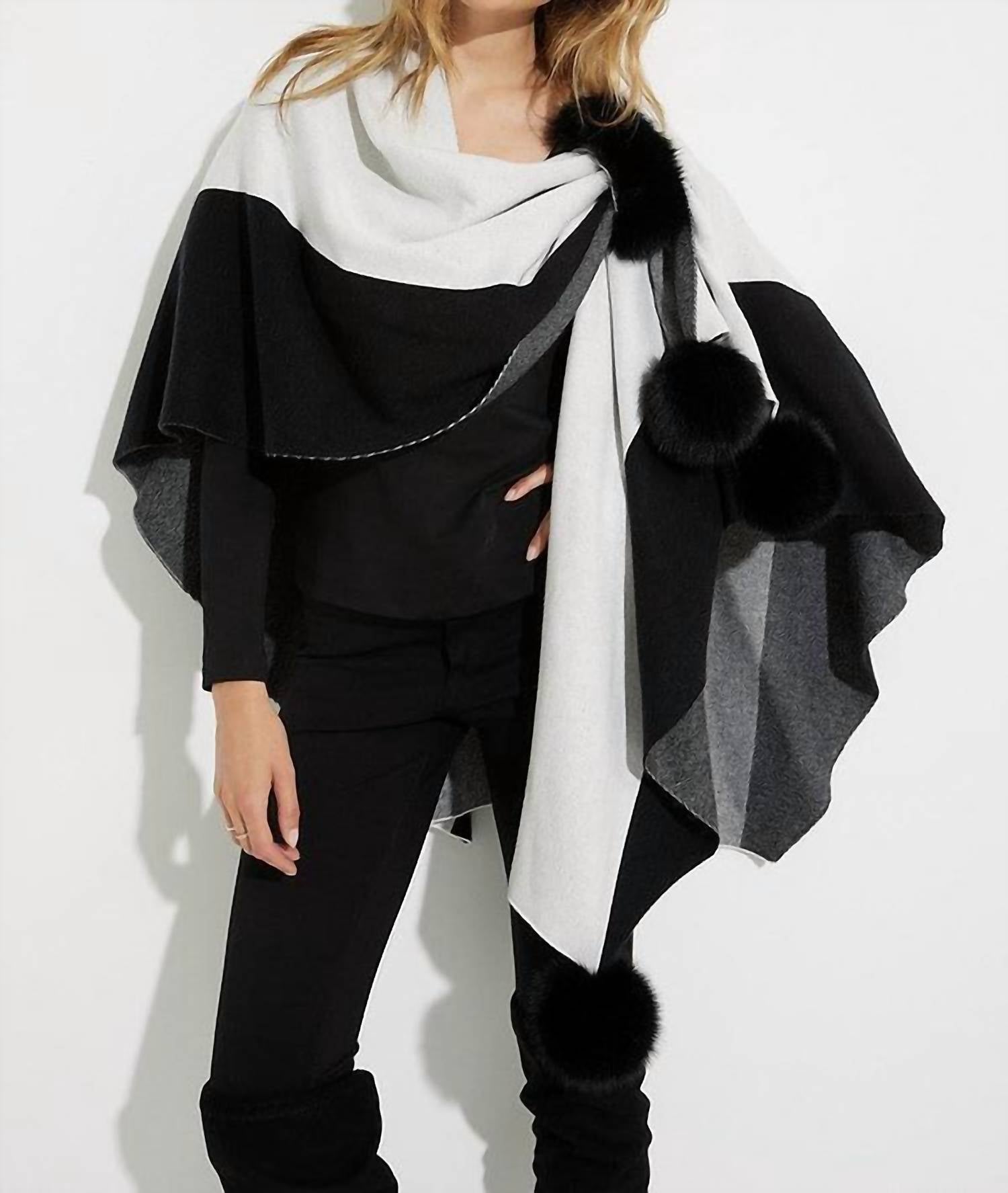 Joseph Ribkoff - Tamara Two-tone Poncho With Faux Fur Pom Poms