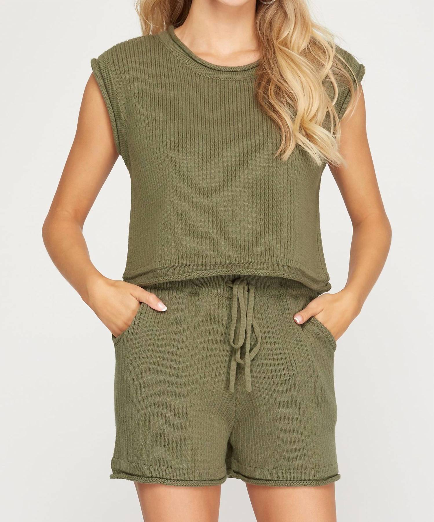 She + Sky - Rib Knit Sweater Shorts With Pockets
