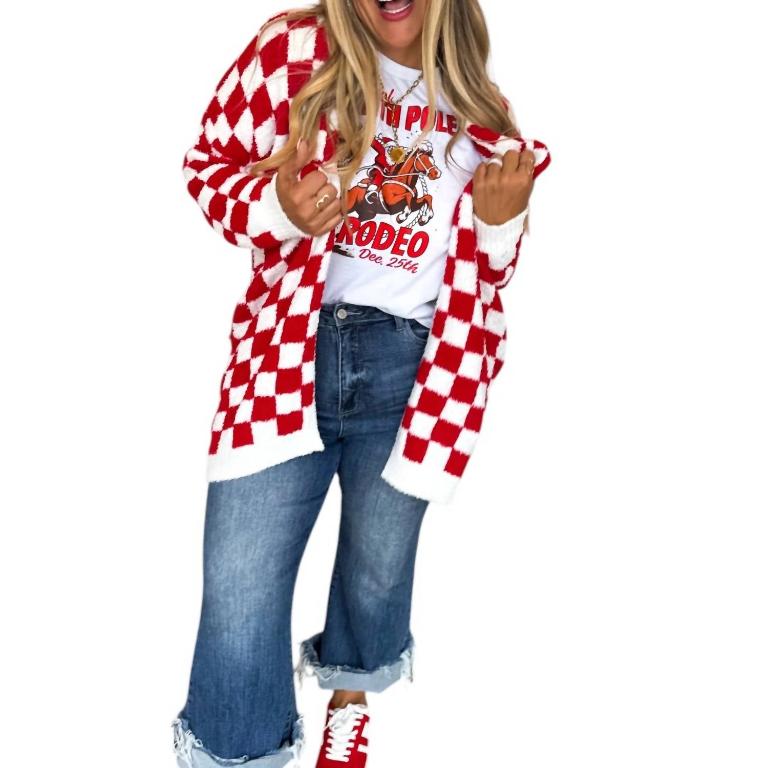 BLAKELEY Checkerboard Cloud Cardigan in red - women's cardigan