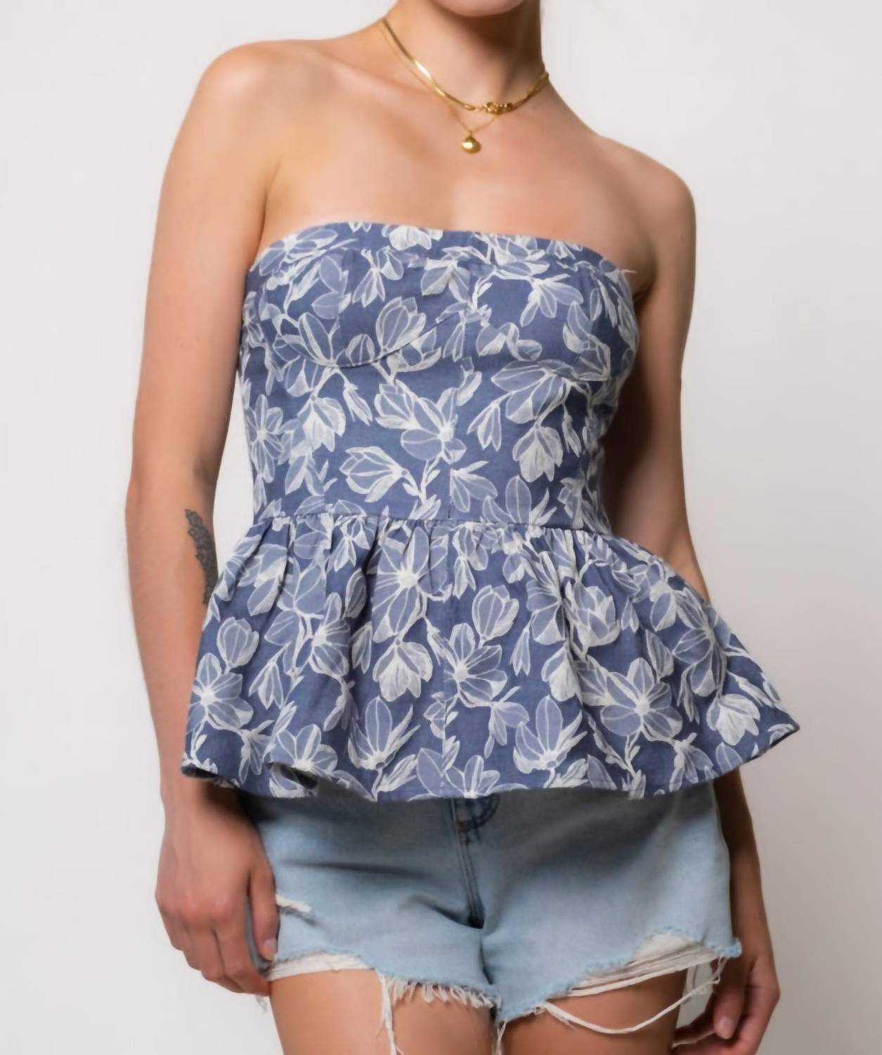 Storia - Strapless Corset Denim Peplum Top