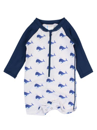 RuffleButts Kid's Whale Long Sleeve One Piece Rash Guard in blue - kids' item