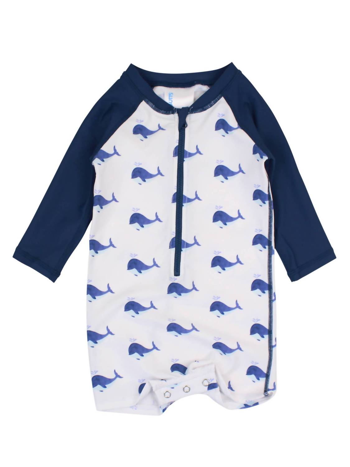 RuffleButts Kid's Whale Long Sleeve One Piece Rash Guard in blue - kids' item
