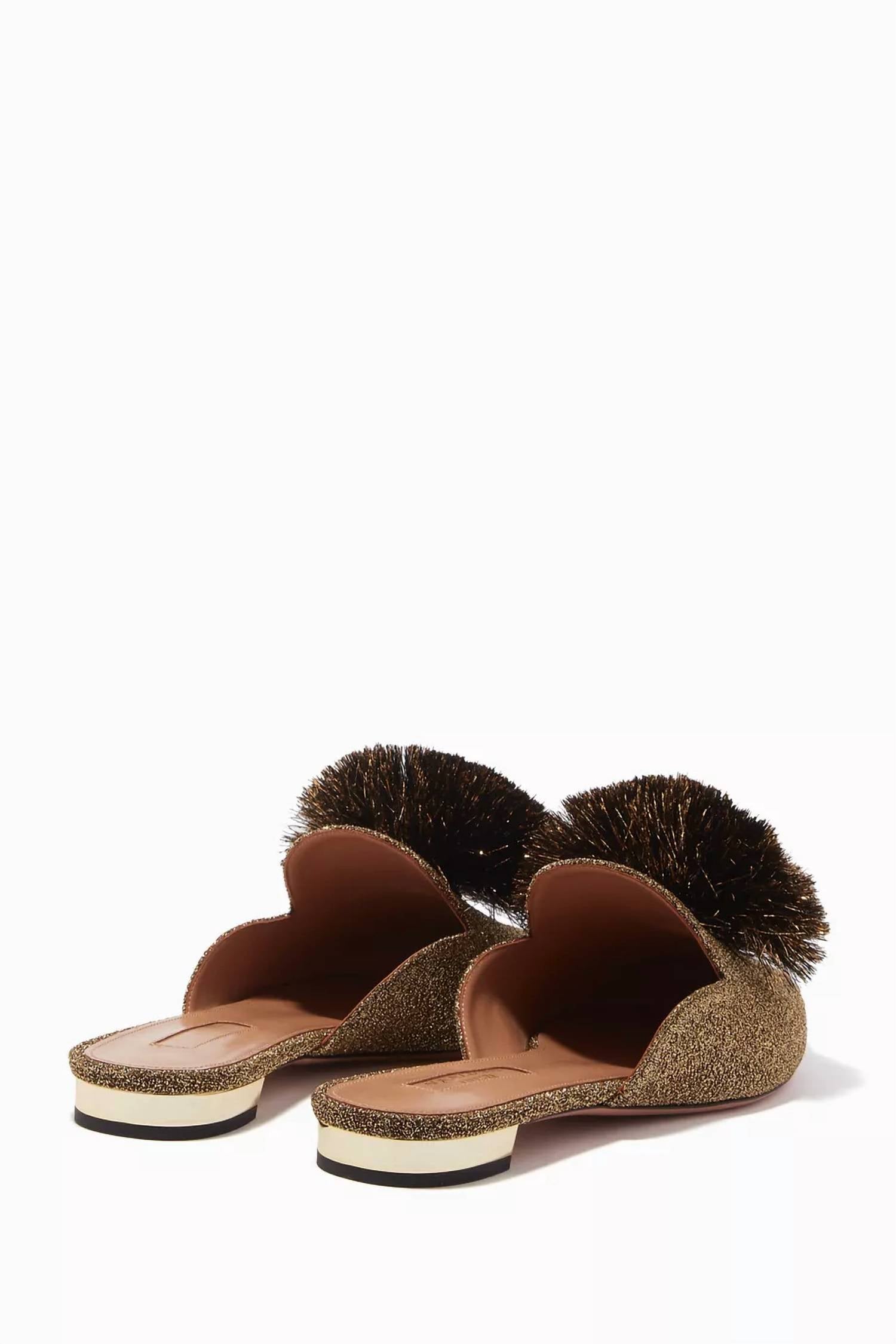 AQUAZZURA Women's Powder Puff Pom Pom Flat Slides in gold - women's shoe - detail view