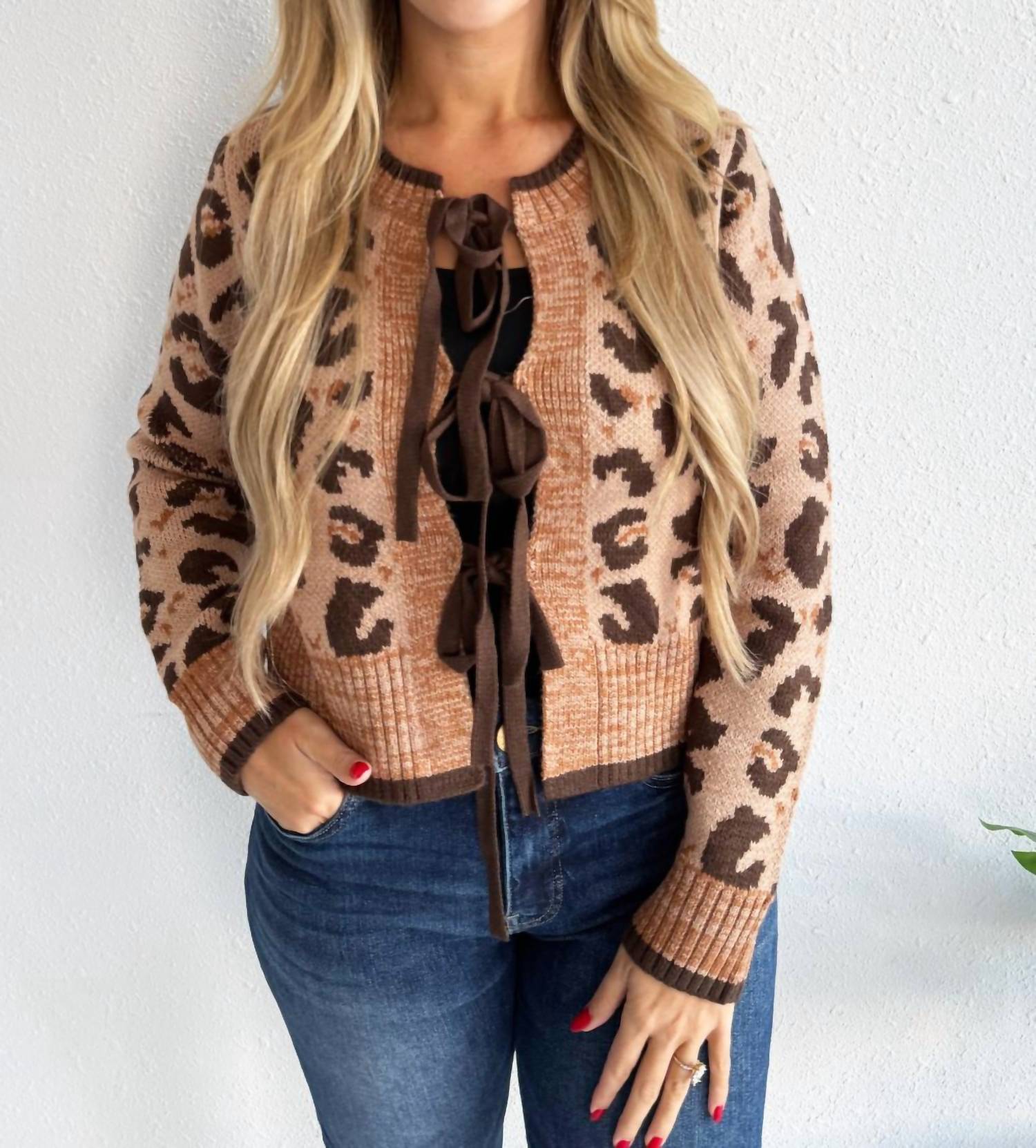ee:some Tie Front Long Sleeve Cardigan in leopard - women's cardigan