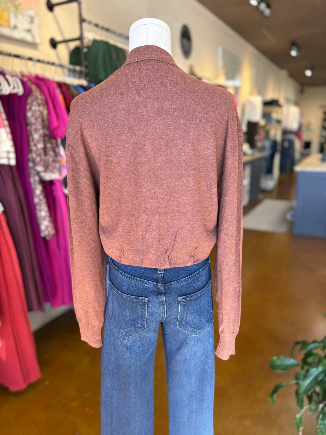 KLd. Signature Women's Pintucked Cropped Cardigan in brown - women's cardigan - detail view