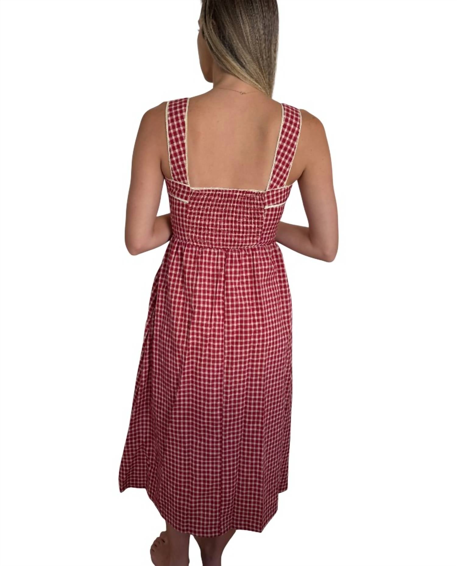 Bailey Rose Logan Gingham Lace Sleeveless Midi Dress in red - women's dress - detail view