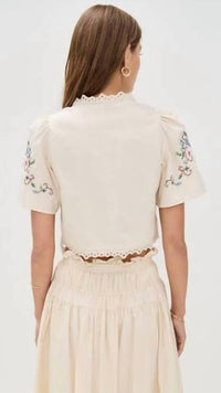 Moon River - Short Puff Sleeve Eyelet Top With Tie