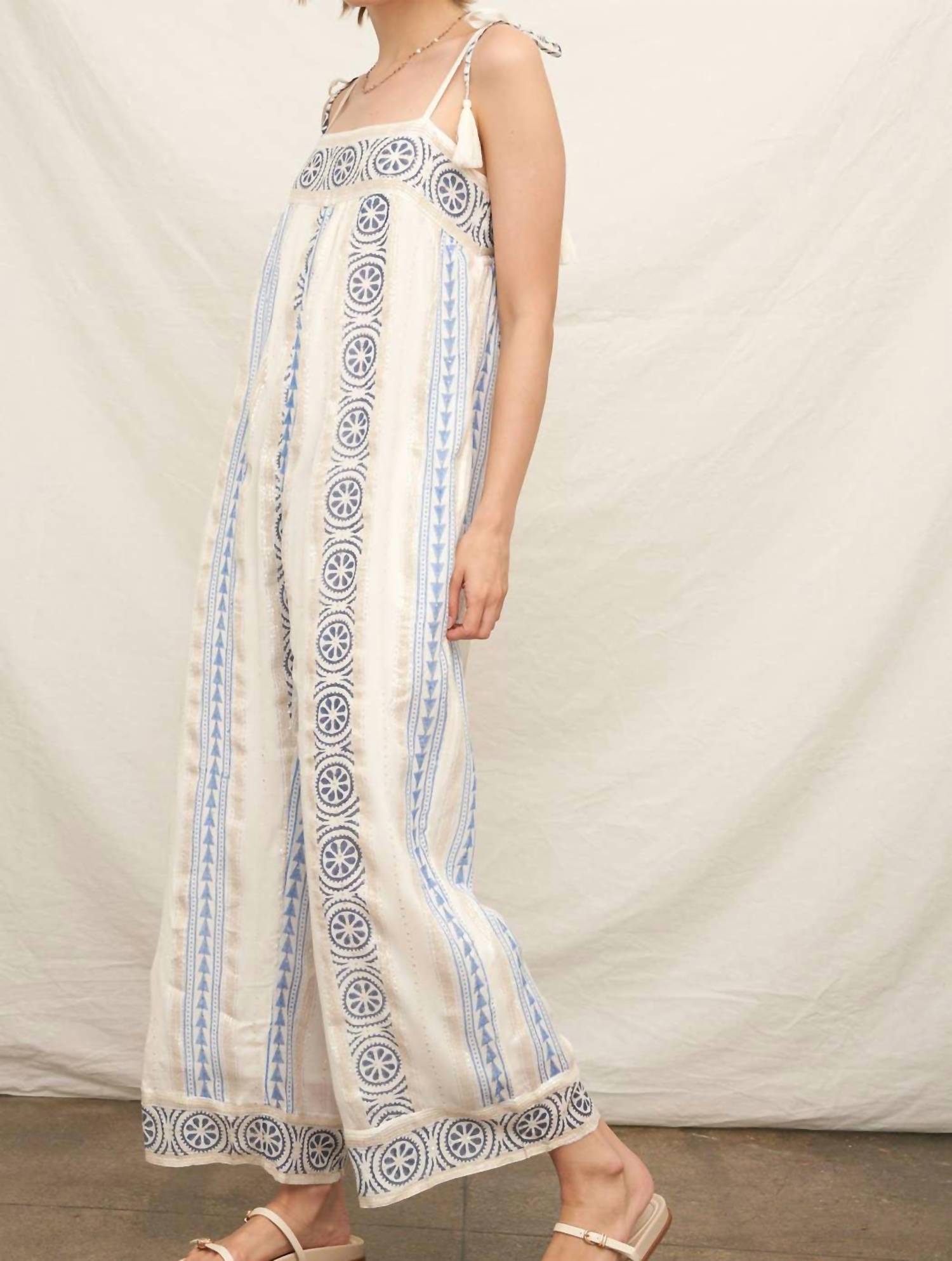En Creme - Embroidered Jumpsuit With Tassel Shoulder Ties And Lurex Det