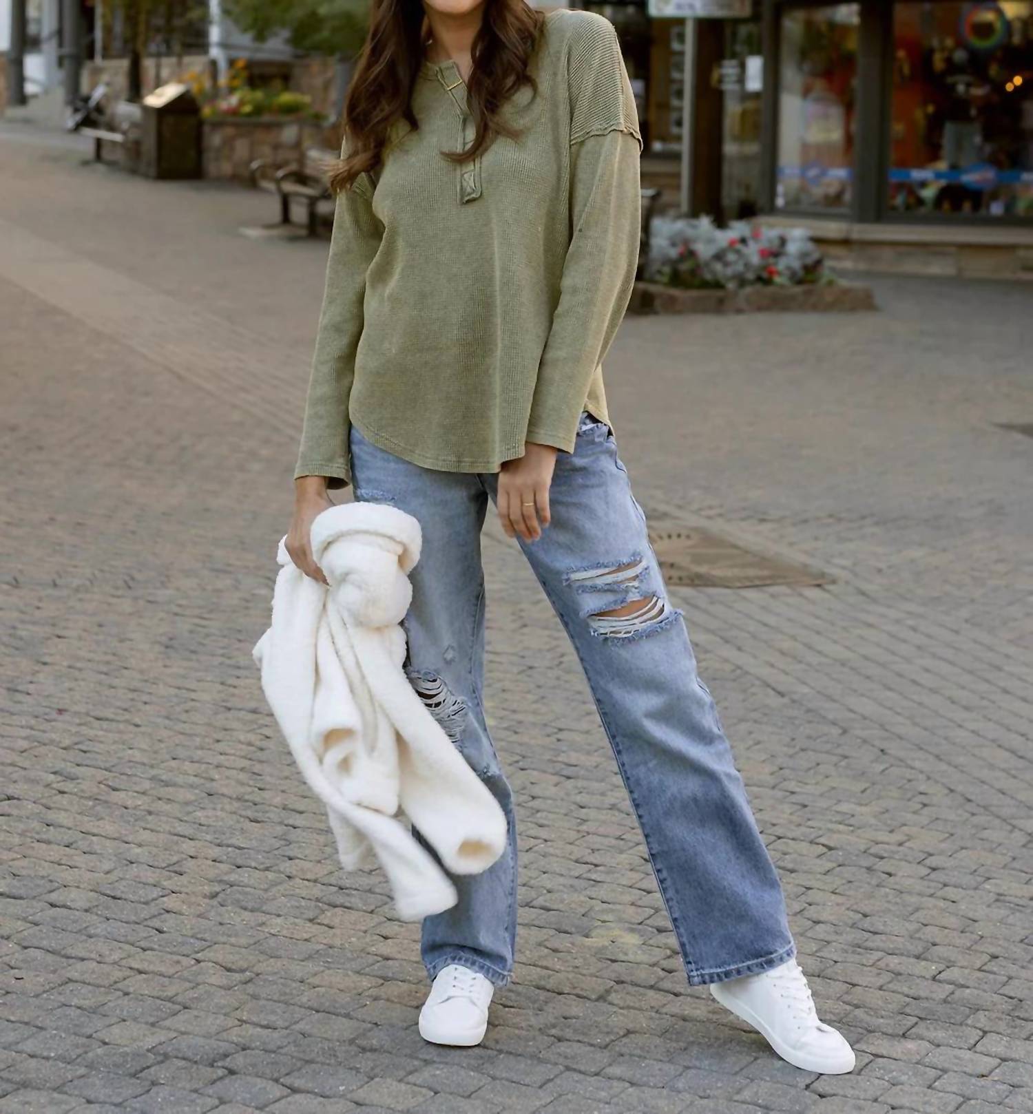 Grace And Lace - Mineral Washed Waffle Henley Sweater