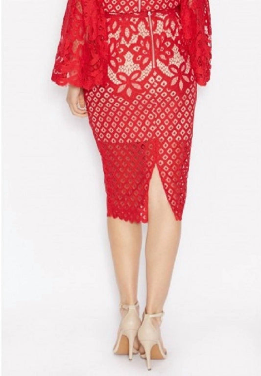 Bardot - Lace Overlay Midi Pencil Skirt