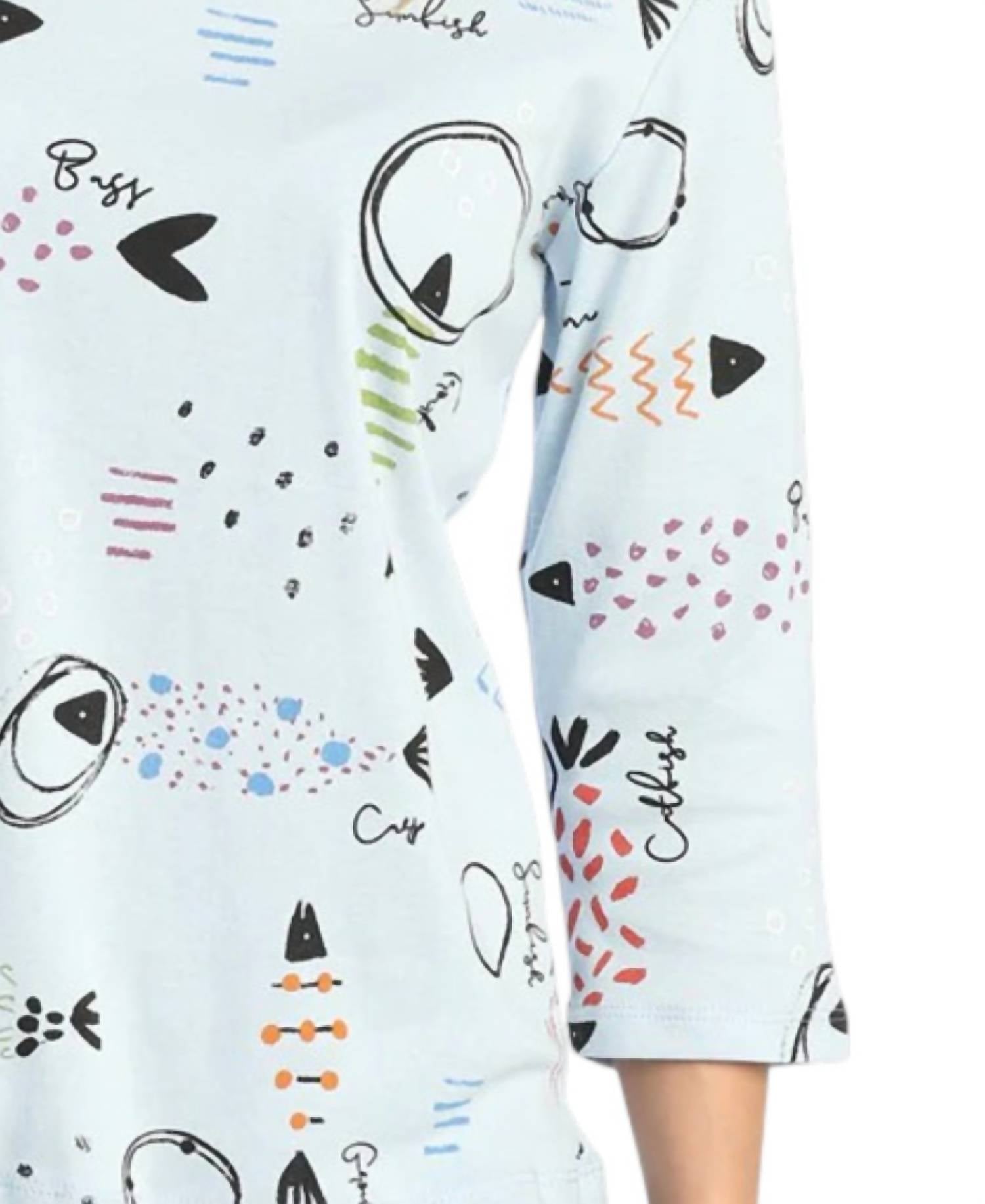 Jess & Jane Bahamas Printed Cotton Top in light blue - women's t-shirt - detail view