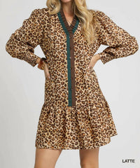 Umgee - Women's Leopard Print Long Sleeve Mini Dress