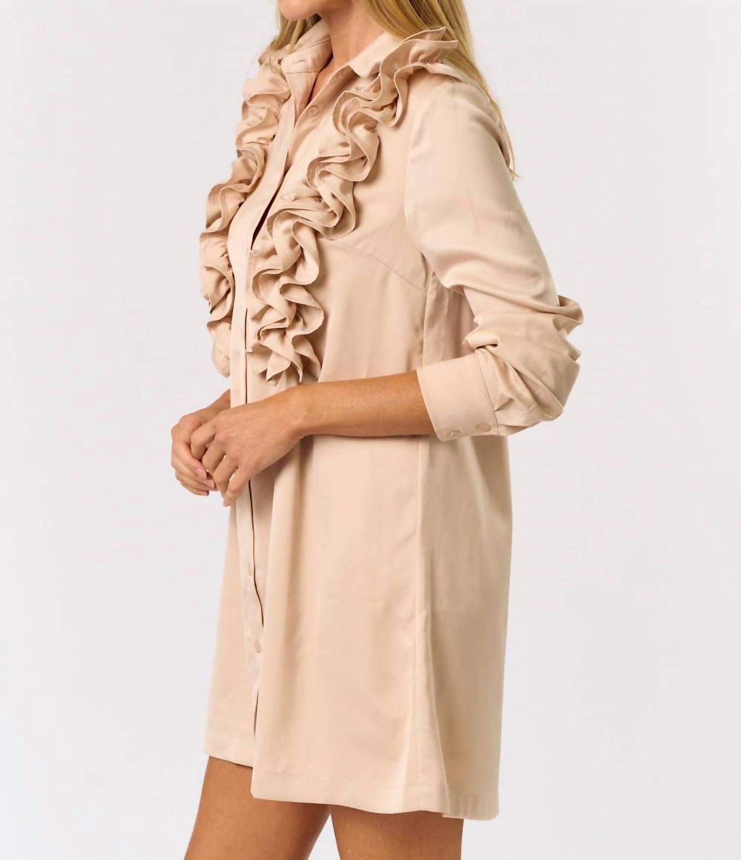 lalavon Satin Ruffle Detail Button Down Shirt Dress in champagne - women's dress - alternate view