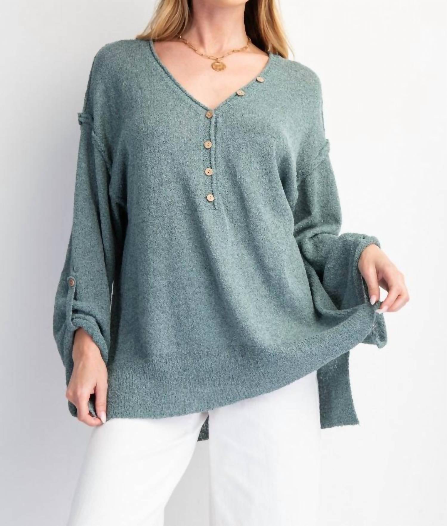 Easel - V-neckline Knit Button Detail Sweater