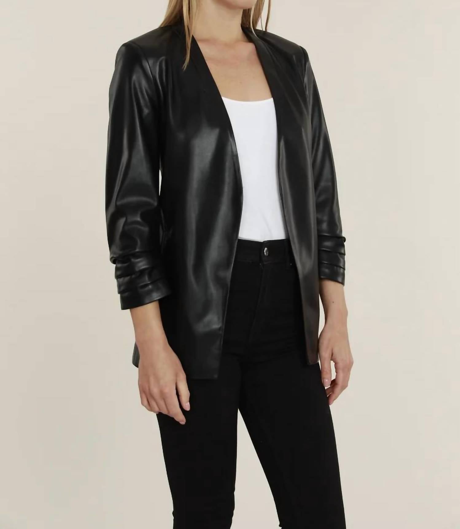 Dolce Cabo - Faux Leather Ruched Sleeve Blazer