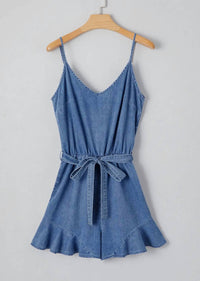 Little Daisy Closet - Destiny Spaghetti Strap Denim Ruffle Romper