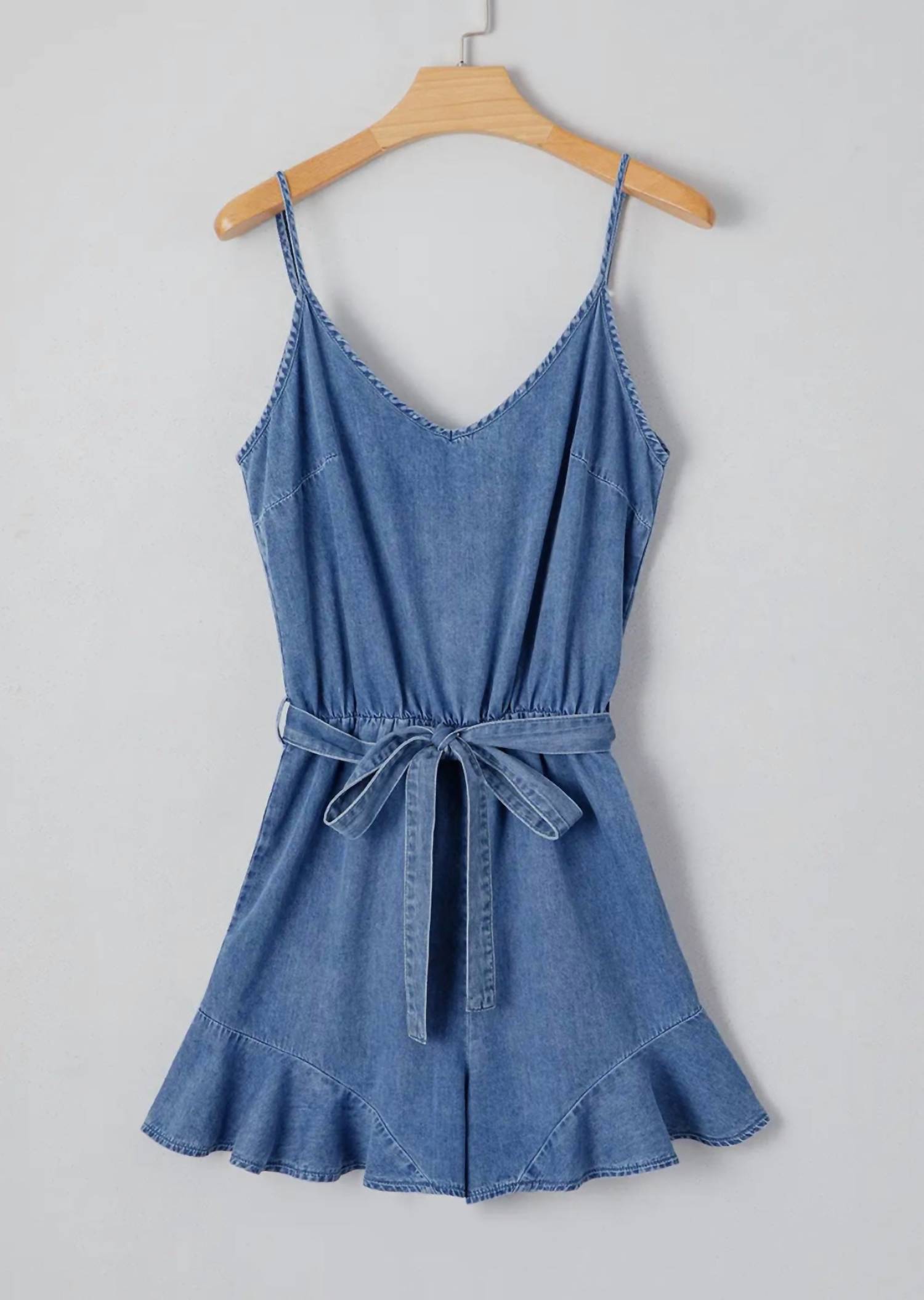 Little Daisy Closet - Destiny Spaghetti Strap Denim Ruffle Romper