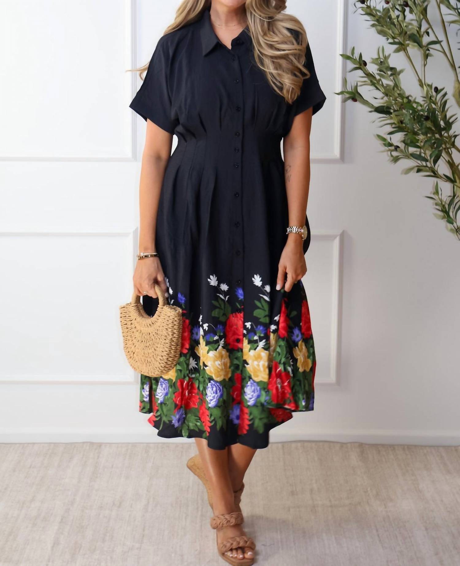 Jodifl - Floral Border Solid Midi Dress