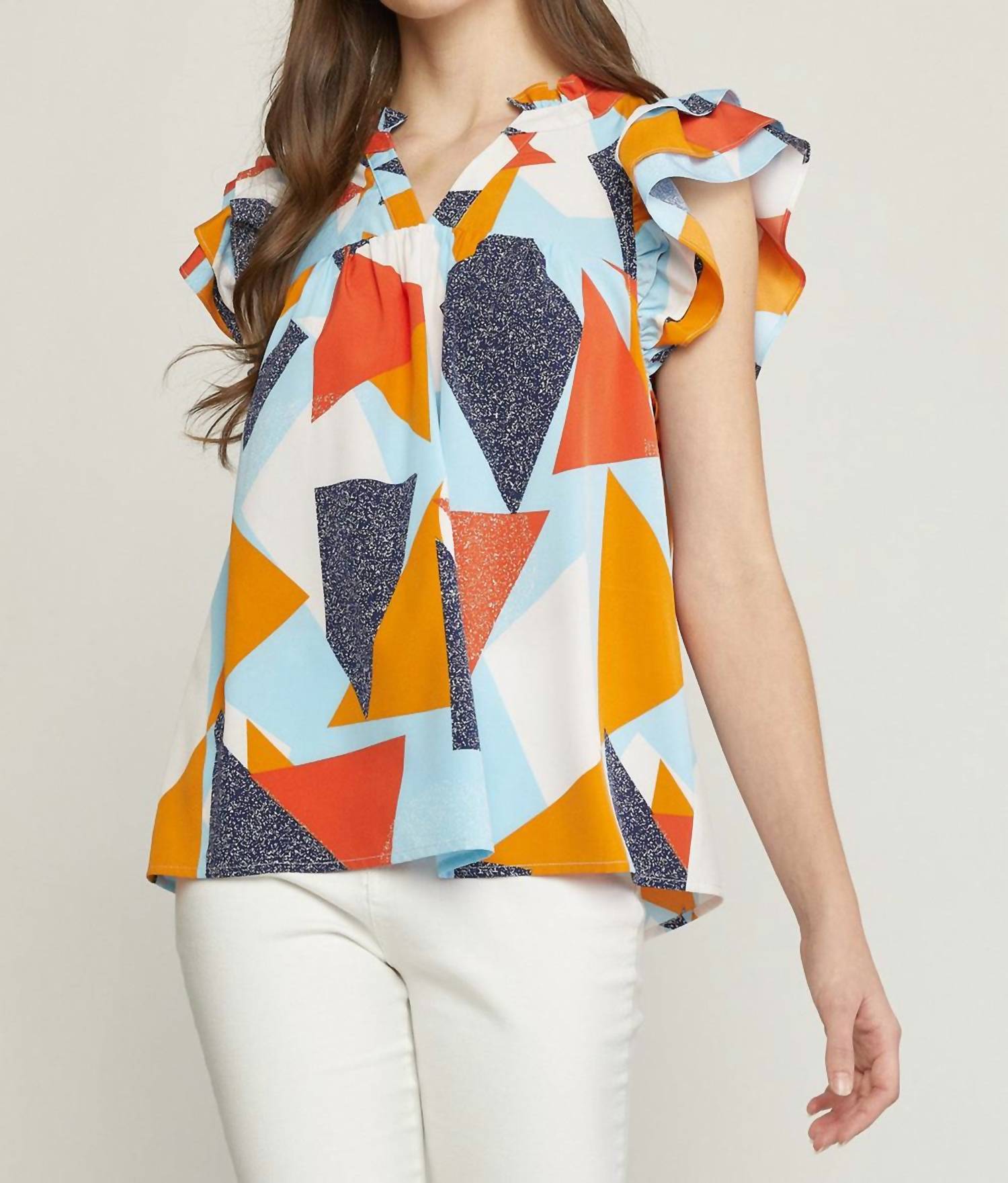 Entro - Geometric Ruffle Sleeve Top