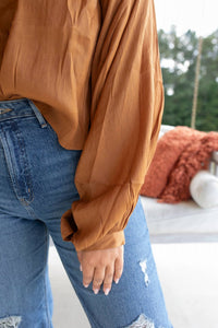 GLAM Color Metallic Long Sleeve Blouse in caramel - women's blouse - view 4