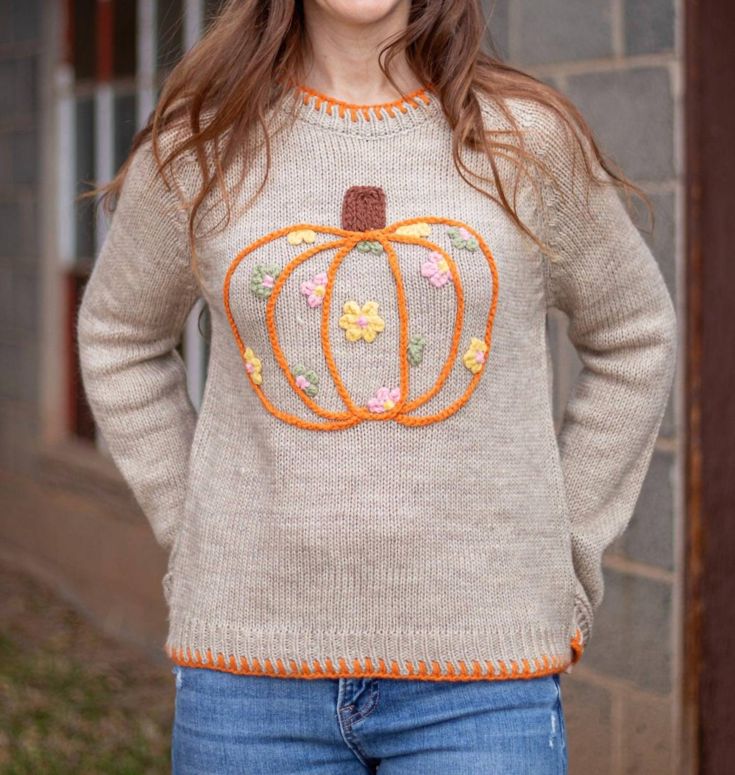 So Me Pumpkin and Floral Embroidered Sweater in beige - women's sweater - view 5