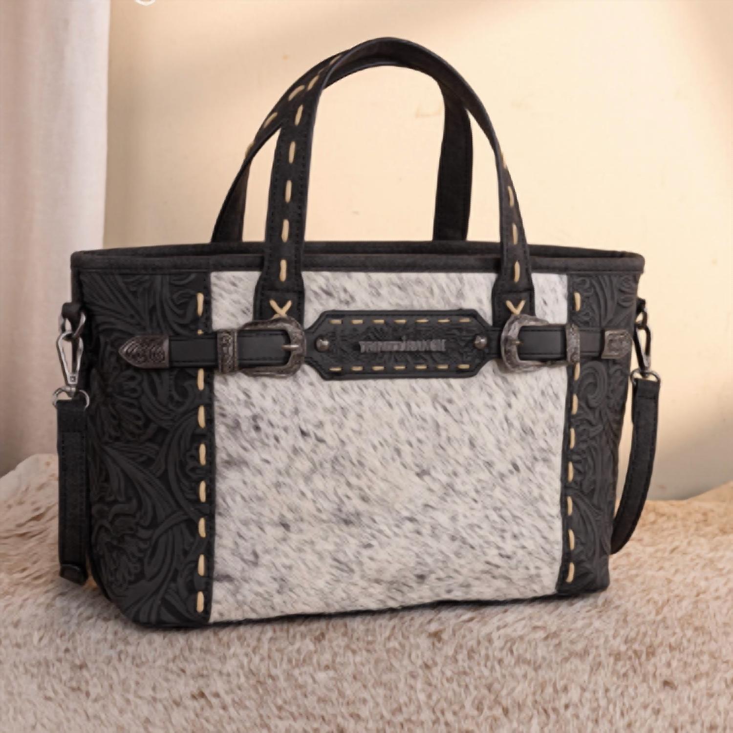 Trinity Ranch - Women's Genuine Hair On Cowhide Tooled Tote Crossbody Bag