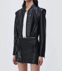 SIMKHAI Doreen Boxy Bomber Jacket in black - women's jacket - detail view