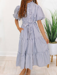 &merci Striped Ruffled Button Down Midi Dress in navy - women's dress - detail view