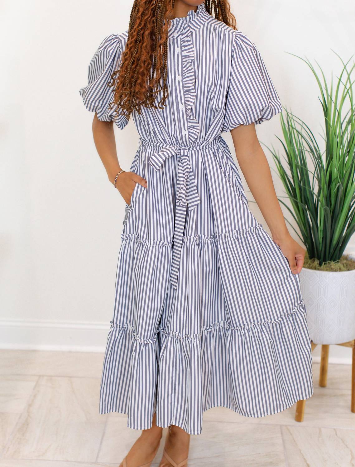 &merci Striped Ruffled Button Down Midi Dress in navy - women's dress - detail view