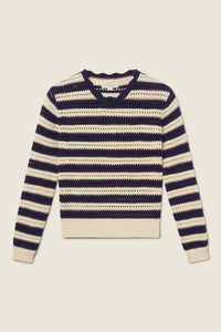 TROVATA Lightweight Ryann Sweater in crisp navy cream stripes - women's sweater - alternate view