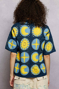 POL Crochet Knit Stars And Moons Shirt in navy multi - women's shirt - alternate view