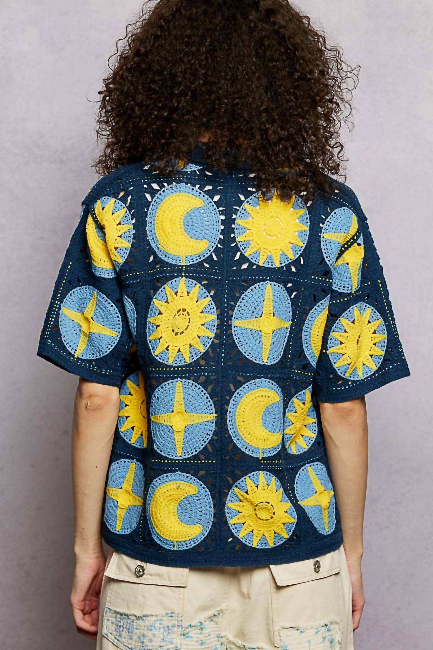 POL Crochet Knit Stars And Moons Shirt in navy multi - women's shirt - alternate view