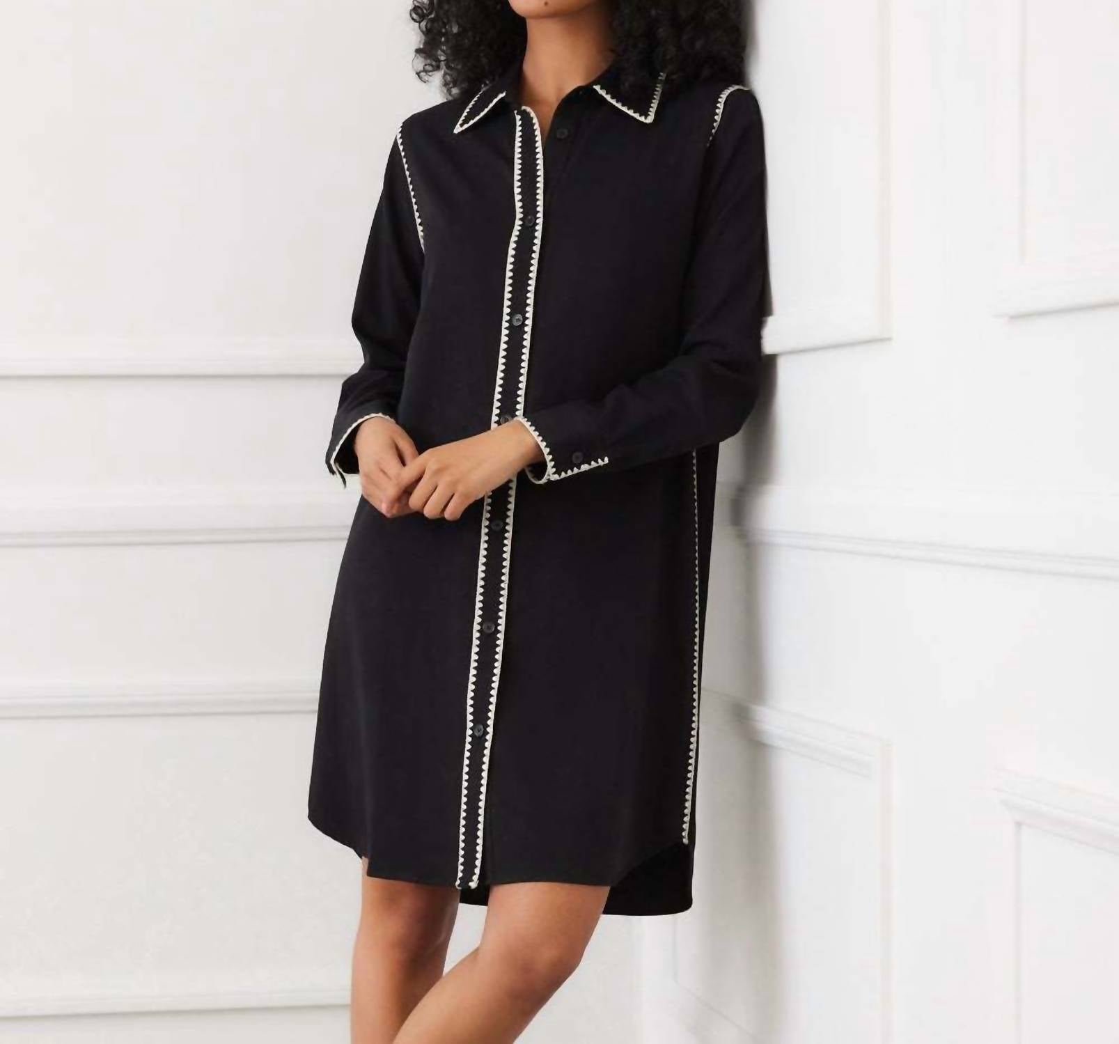 Karen Kane Long Sleeve Edge Stitch Shirtdress in black with antique cream - women's dress - view 4