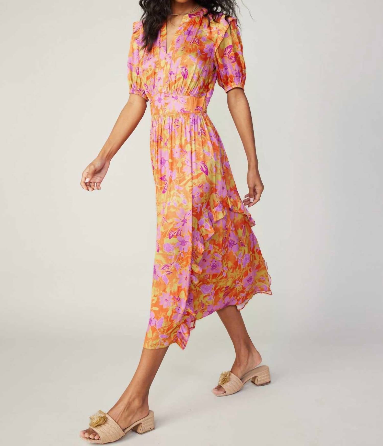 Current Air - Floral Print Ruffle Detail Midi Dress