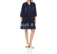 Karen Kane - Blouson Sleeve Embroidered Lace Trim Tiered Dress