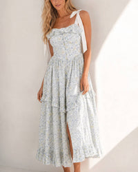 Mable - Floral Printed Contrast Strap Midi Dress