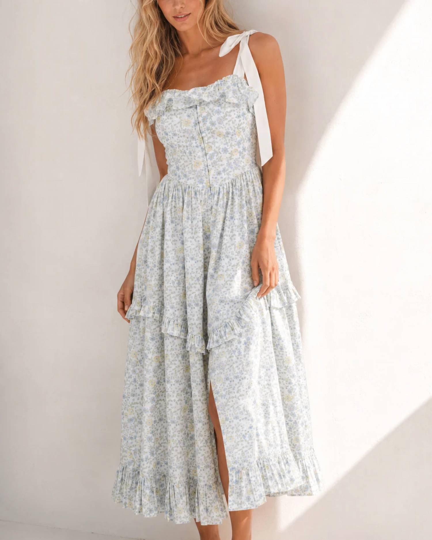 Mable - Floral Printed Contrast Strap Midi Dress