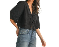 Anniewear - Floral Embroidery Tie Front Blouse