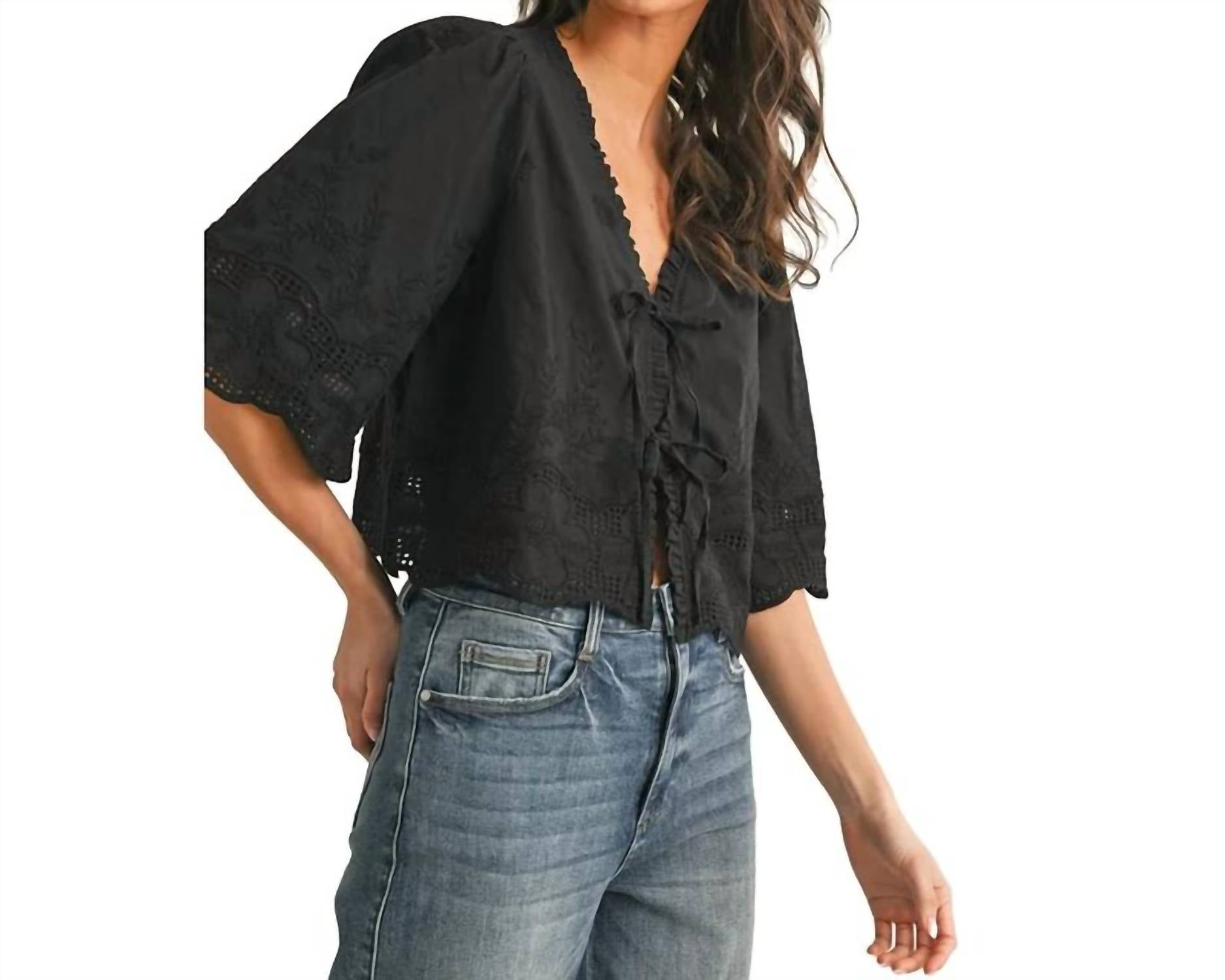 Anniewear - Floral Embroidery Tie Front Blouse